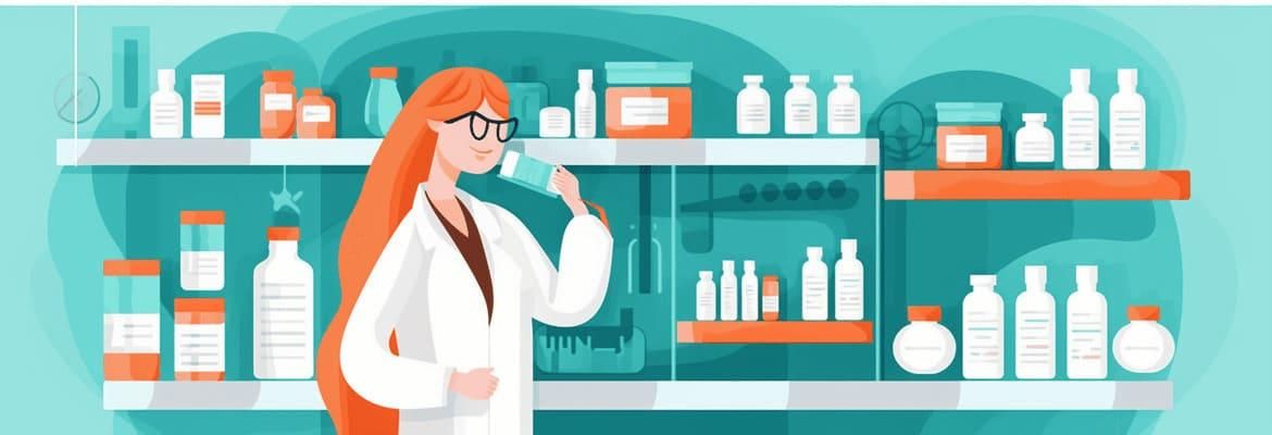 Frau steht vor einem Regal in einer Apotheke