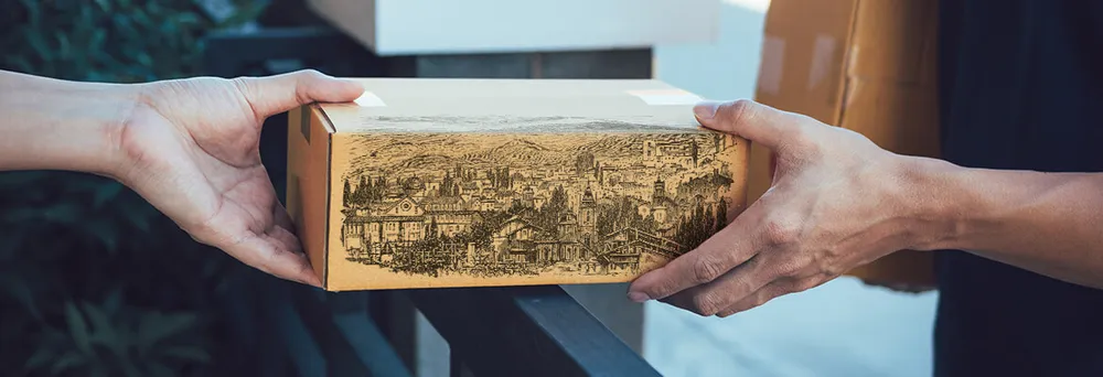 postman delivering package to customer postman delivering package to customer