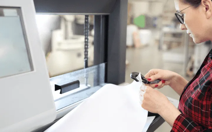 Frau misst Grammatur des Papiers Frau misst Grammatur des Papiers