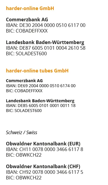 Bankverbindungen harder-online GmbH und harder-online tubes GmbH Bankverbindungen harder-online GmbH und harder-online tubes GmbH