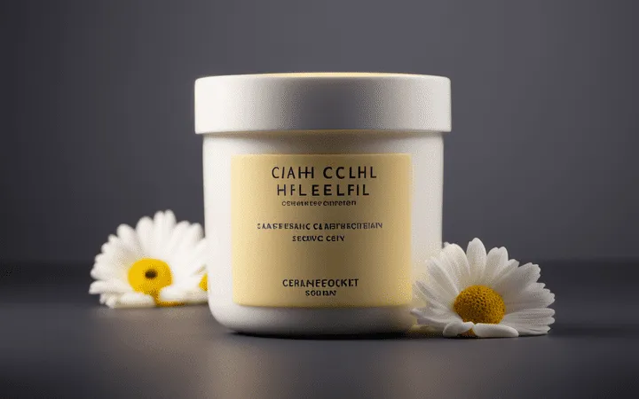 Weiße Kunststoffverpackung für Creme mit Gänseblümchen Weiße Kunststoffverpackung für Creme mit Gänseblümchen